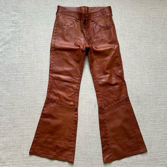 Pants - Vintage 1970s Whipstitched Buckskin Leather Flare Pants